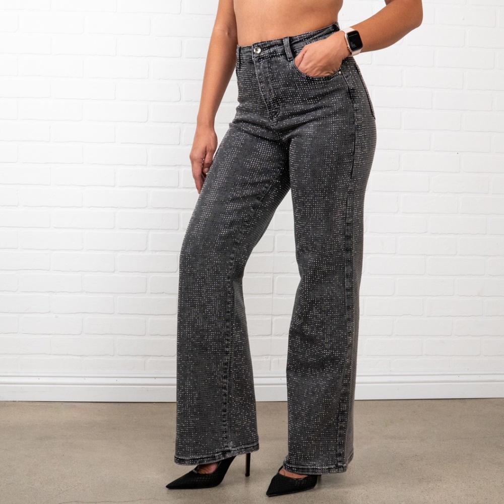 Bella Rhinestone Flair Bottom Jeans | Charcoal